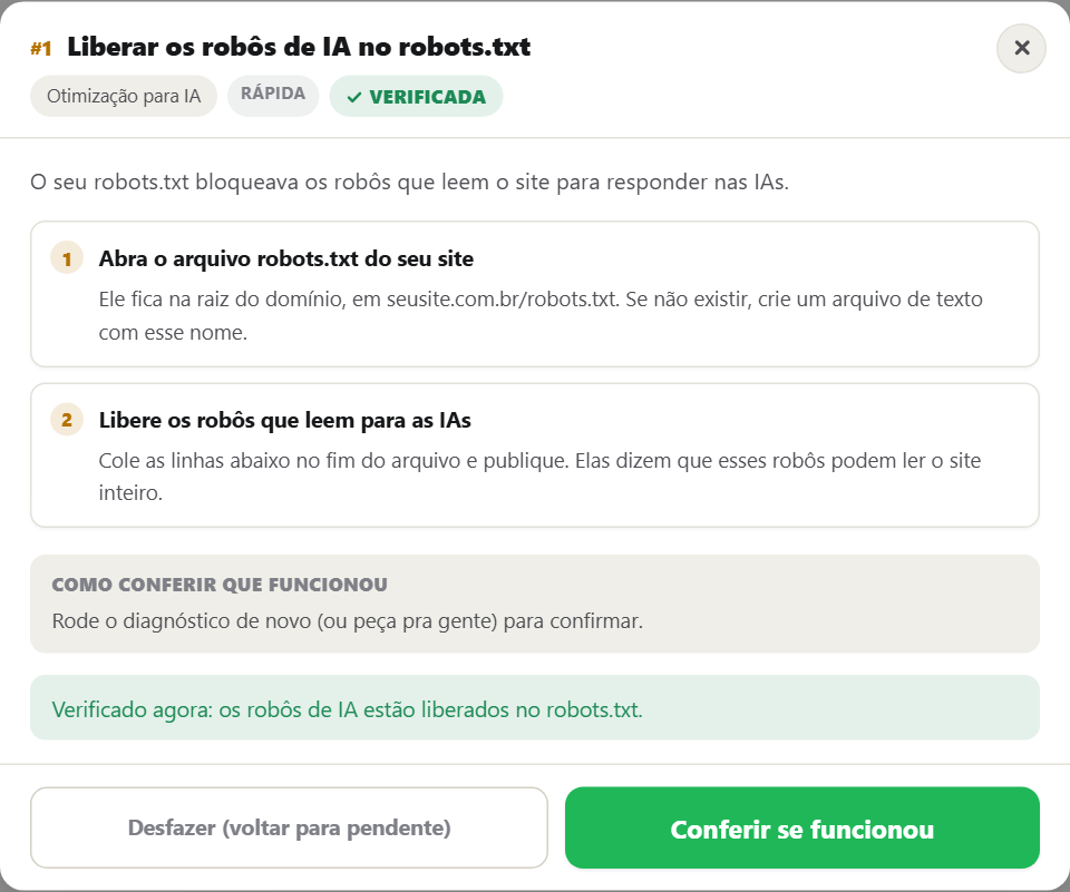Botão Conferir se funcionou com o resultado real de uma verificação automática