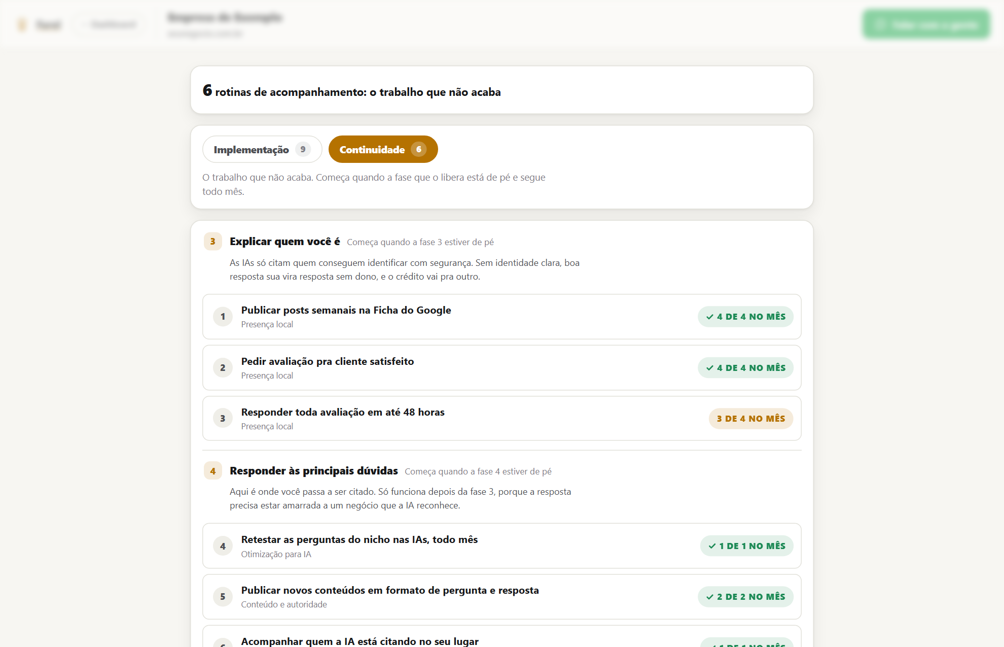 Roteiro completo do diagnóstico, mostrando também o trabalho contínuo que vem depois da implementação